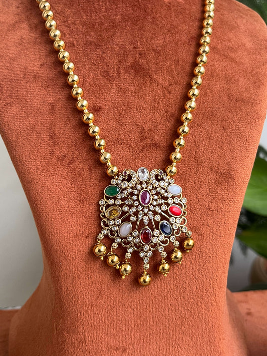 Navaratna pendant haram with golden imitation beads and premium plating – traditional South Indian temple jewelry