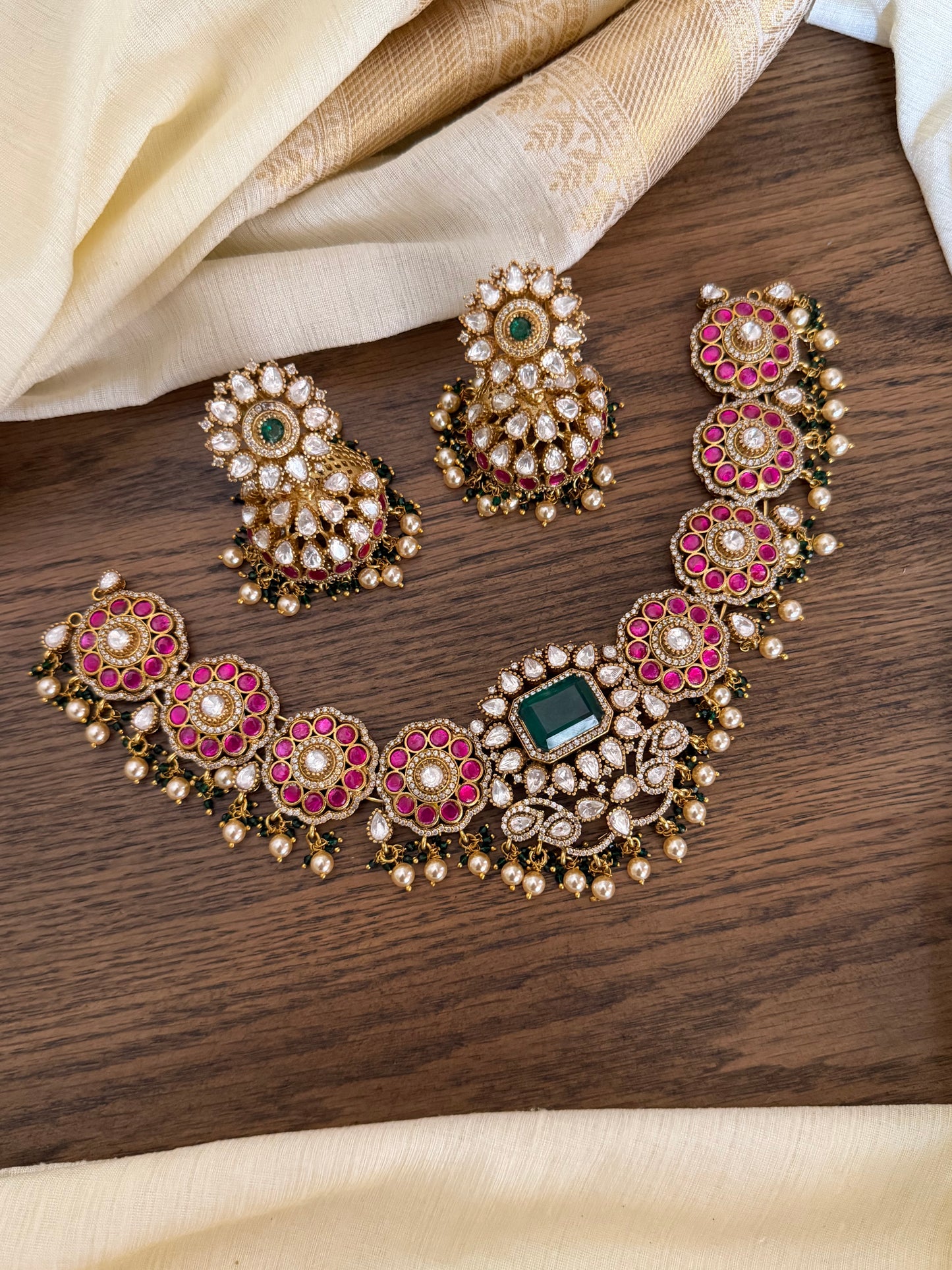 Emerald Solitaire Kundan Floral Choker