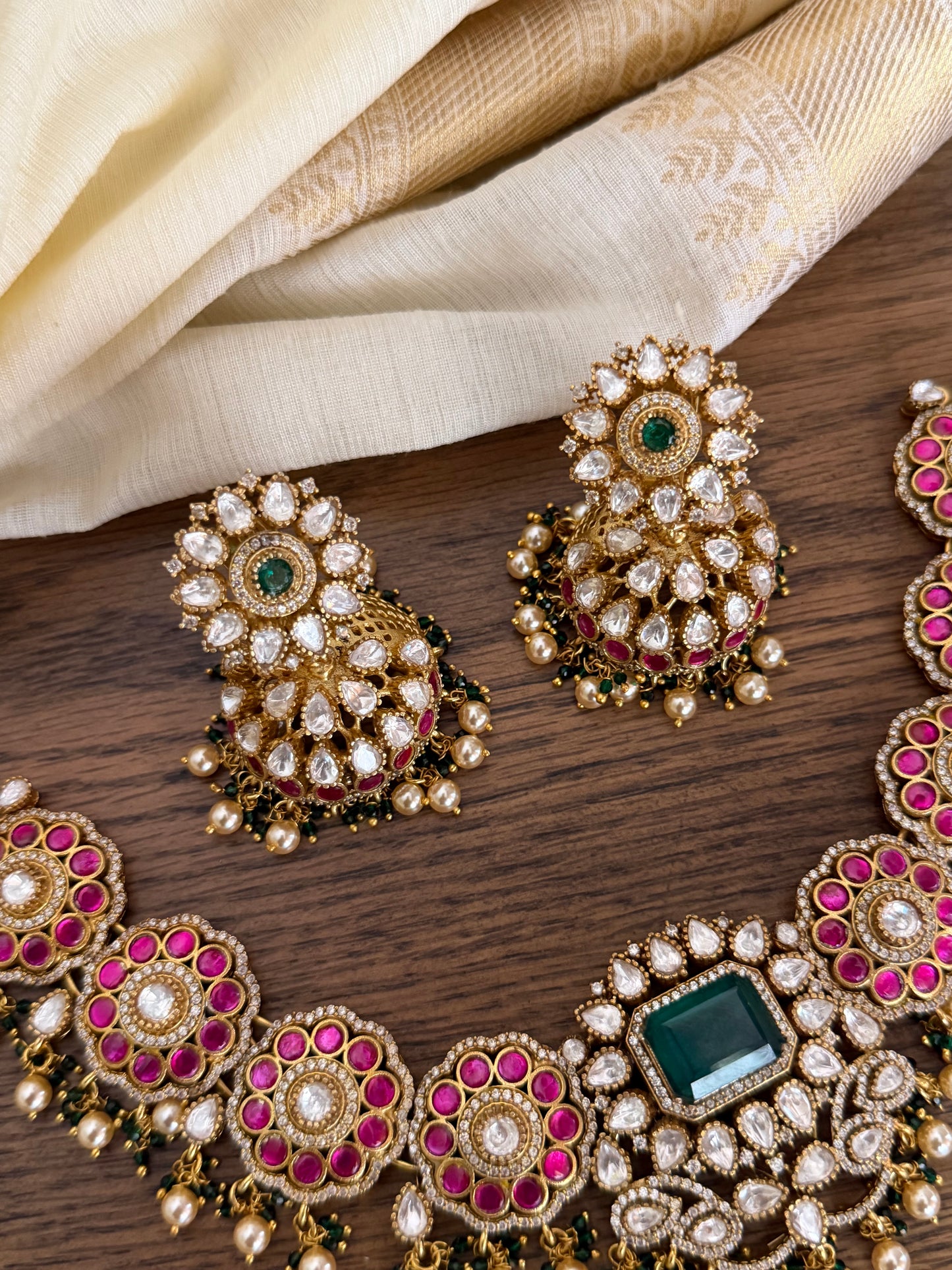 Emerald Solitaire Kundan Floral Choker