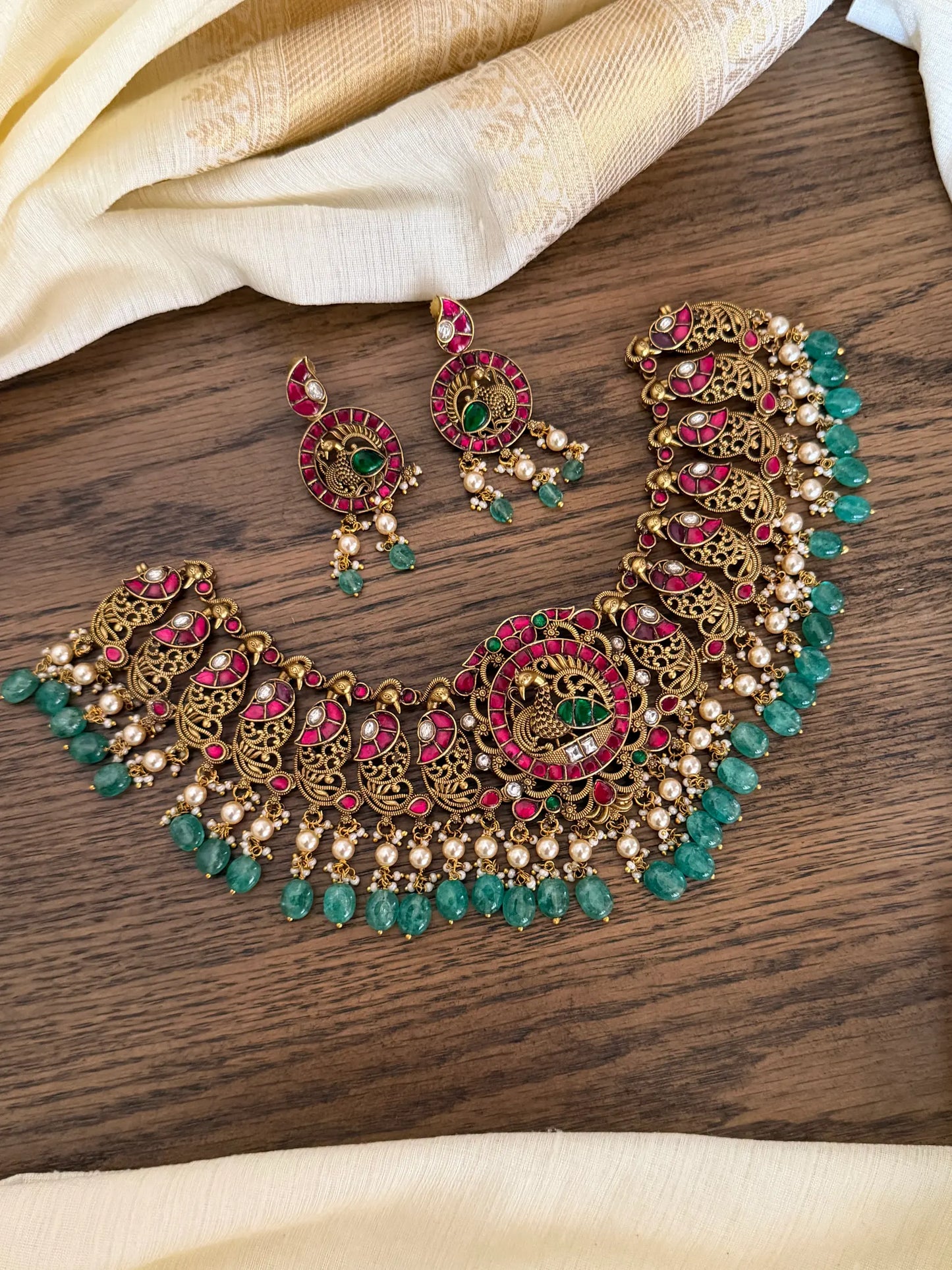 Antique Peacock Nakshi Choker Necklace Set