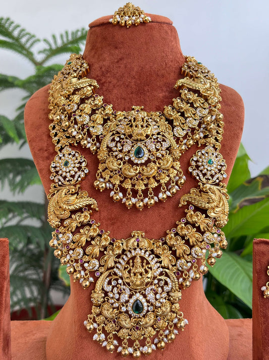 Bridal Combo Set | Antique Temple Jewelry Haram, Short Necklace, Earrings & Maang Tikka