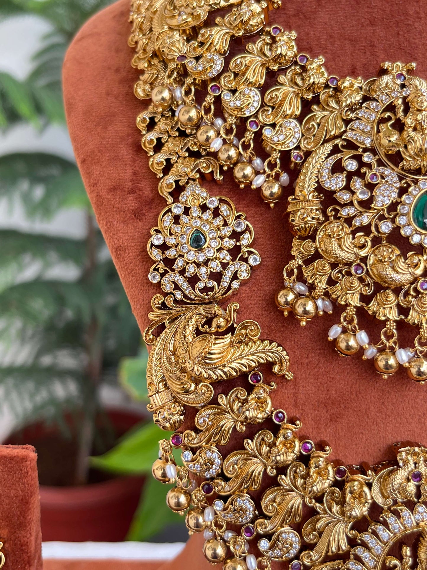 Bridal Combo Set | Antique Temple Jewelry Haram, Short Necklace, Earrings & Maang Tikka
