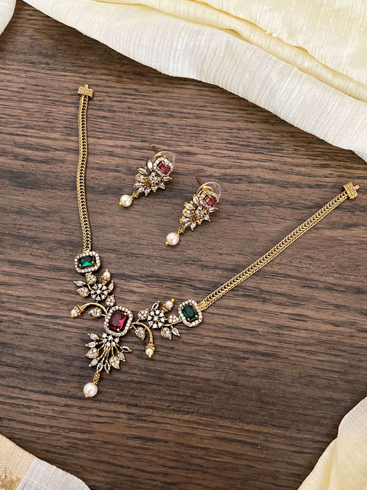 Ruby & Emerald CZ Sleek Necklace Set with Earrings