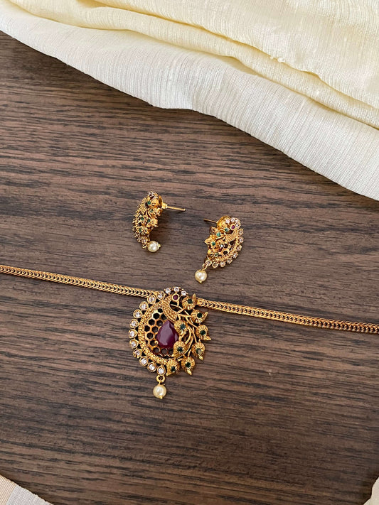 Peacock Ruby Necklace Set with Earrings