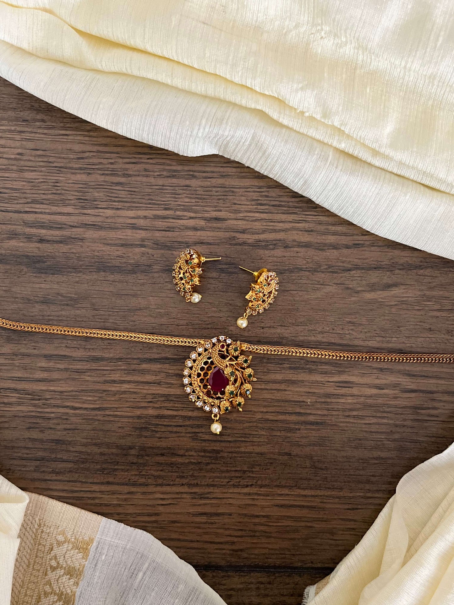 Peacock Ruby Necklace Set with Earrings