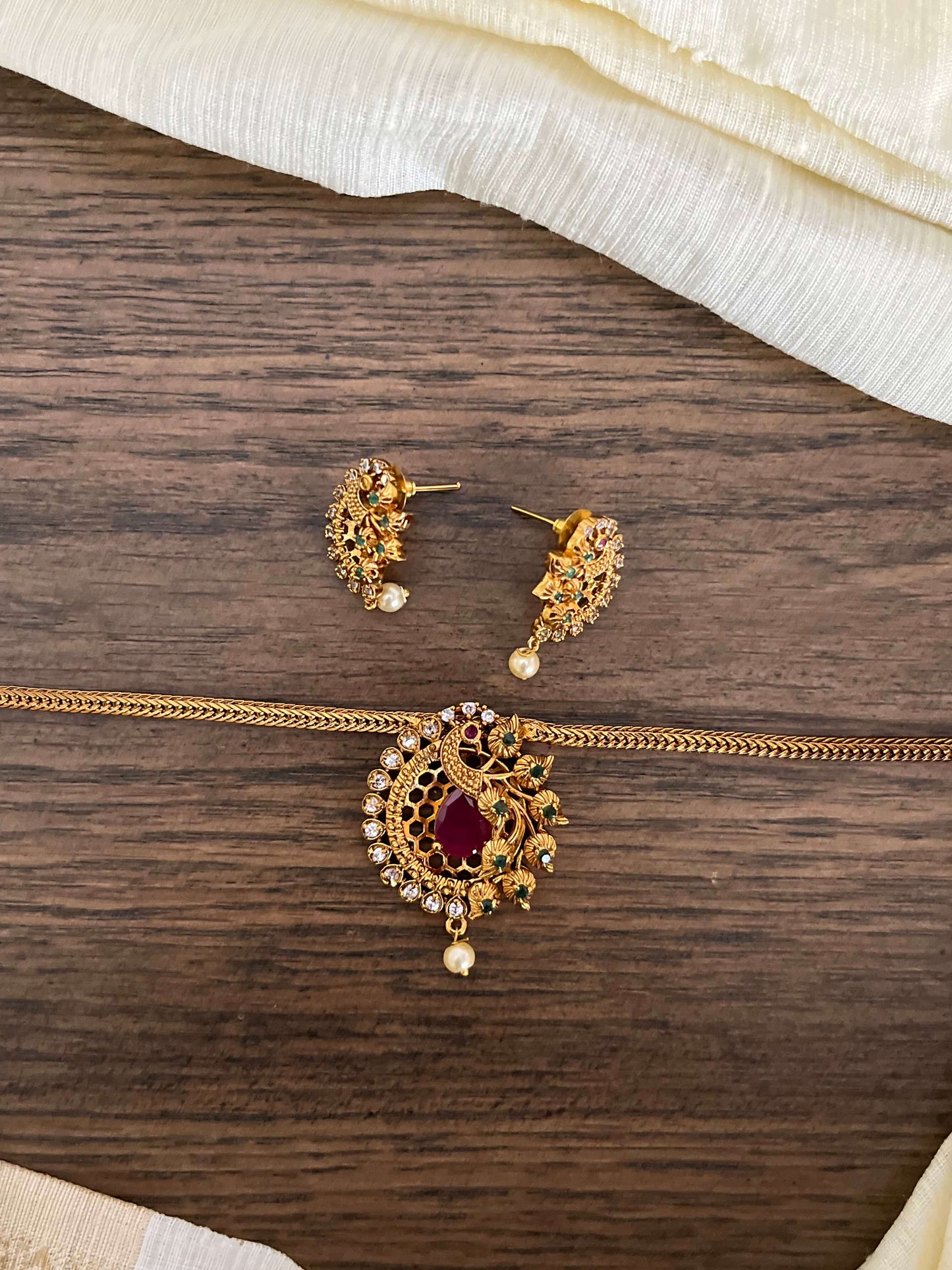 Peacock Ruby Necklace Set with Earrings