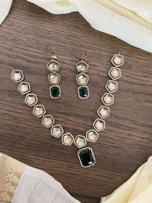 Kundan Silver Foil-Back Short Necklace with Green Stone & Matching Earrings