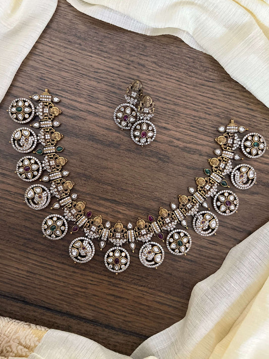 Rustic Victorian Lakshmi Devi Bottu Mala | Kundan, Emerald & Red Stone Temple Necklace