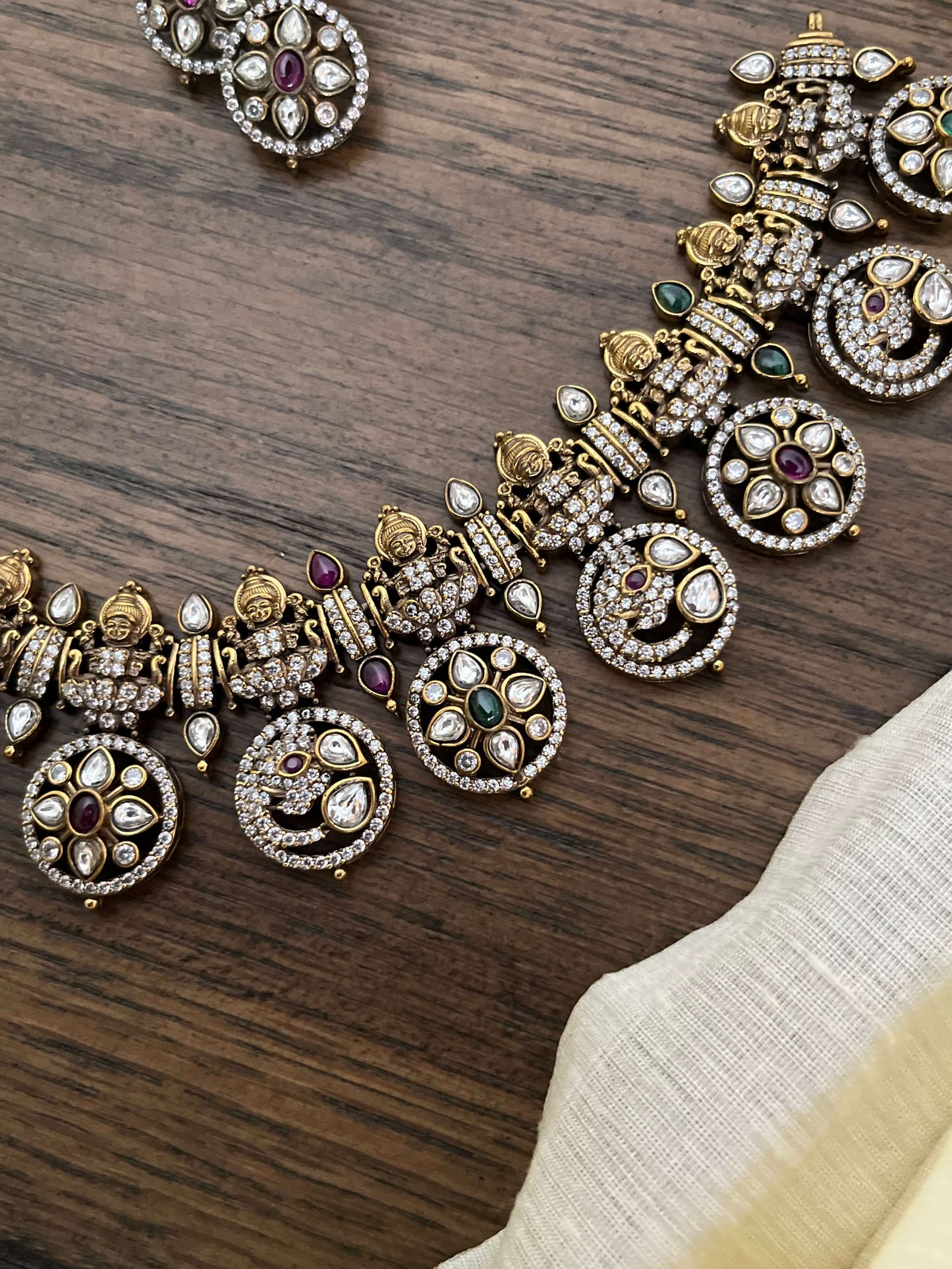 Rustic Victorian Lakshmi Devi Bottu Mala | Kundan, Emerald & Red Stone Temple Necklace