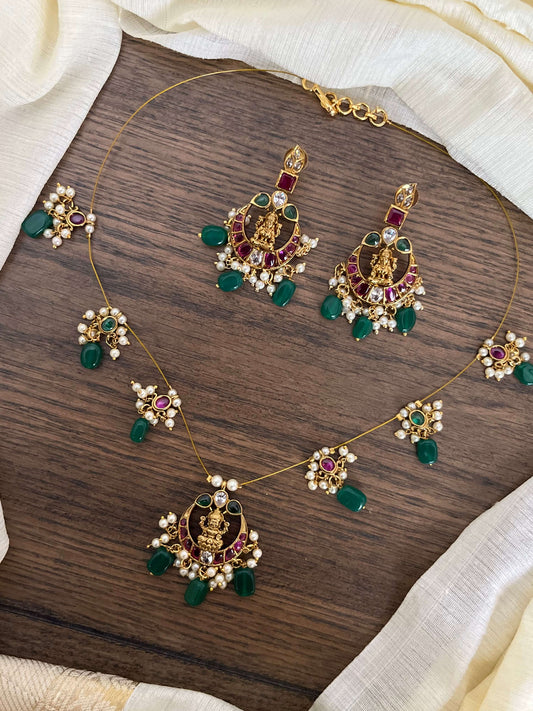 Lakshmi Devi Pendant with Kemp Stones Invisible Chain & Earrings