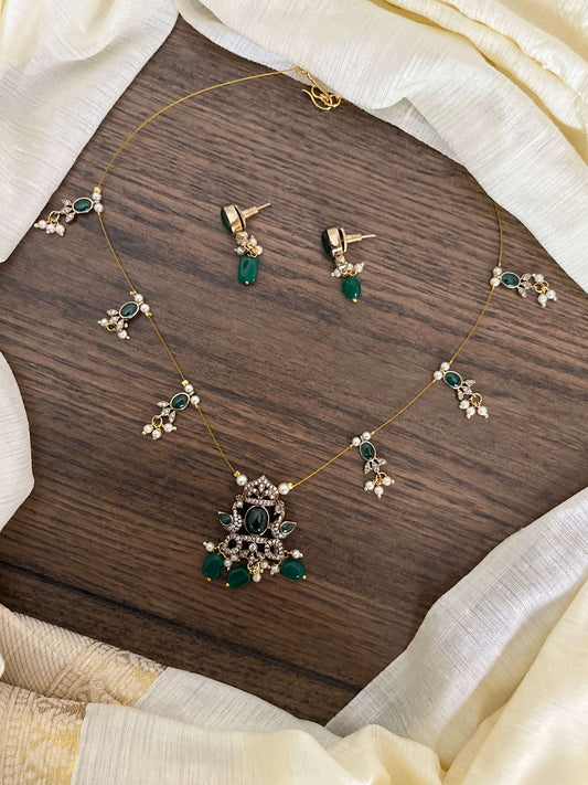 Victorian Peacock Motif Invisible Chain Necklace Set with Earrings – Green & Purple Variants