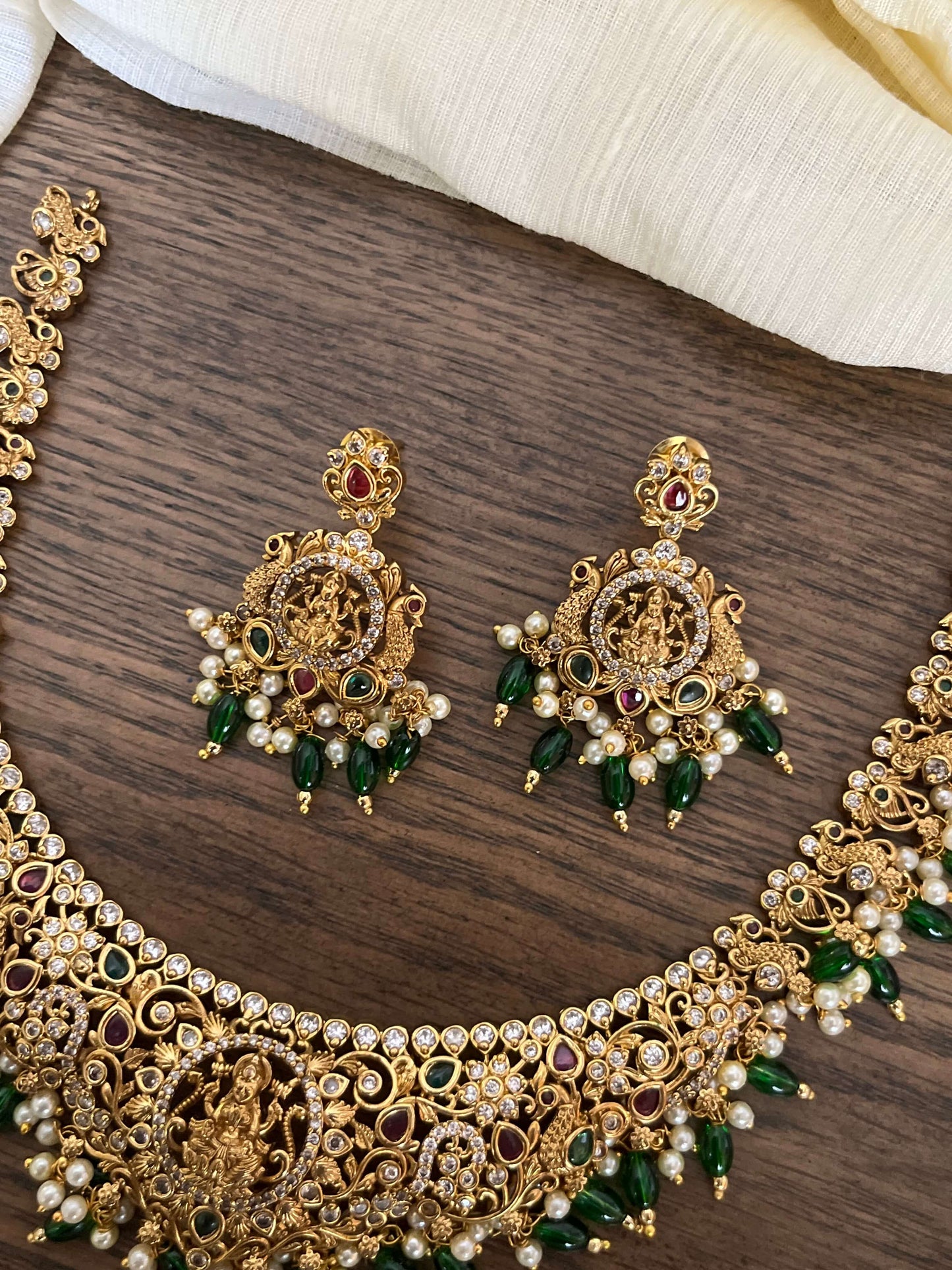 Semi-Bridal Temple Short Necklace with Lakshmi Motif, Kundan Stones & Green Beads