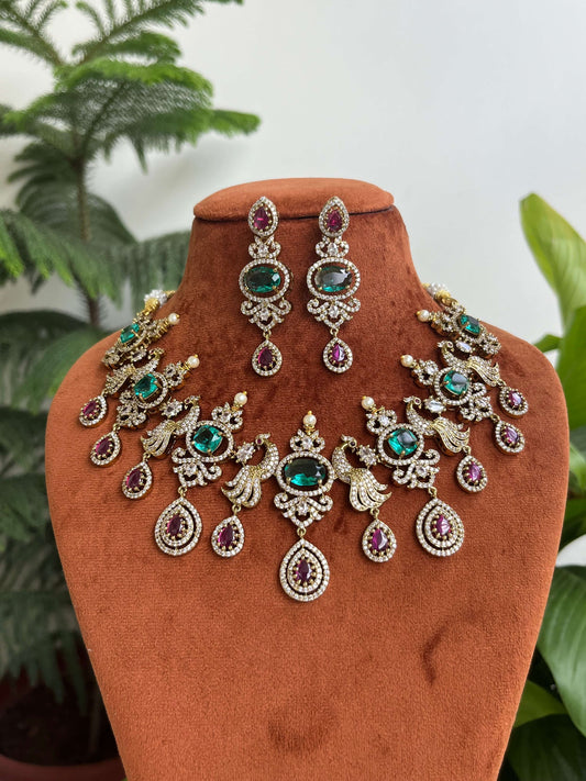 Victorian Peacock Necklace Set with Ocean Blue & Ruby Stones | Premium Plated Bridal & Semi Bridal Jewelry