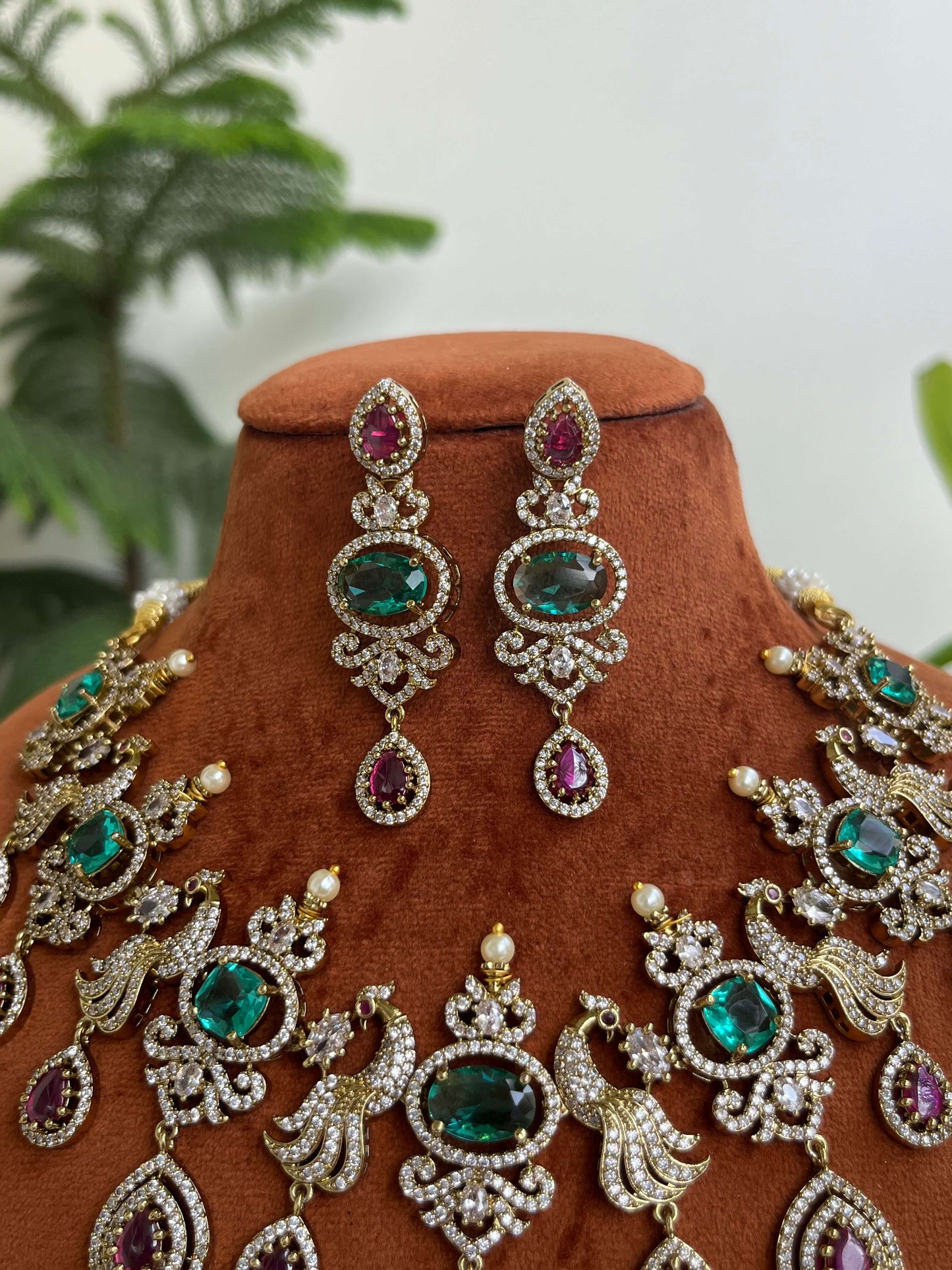 Victorian Peacock Necklace Set with Ocean Blue & Ruby Stones | Premium Plated Bridal & Semi Bridal Jewelry