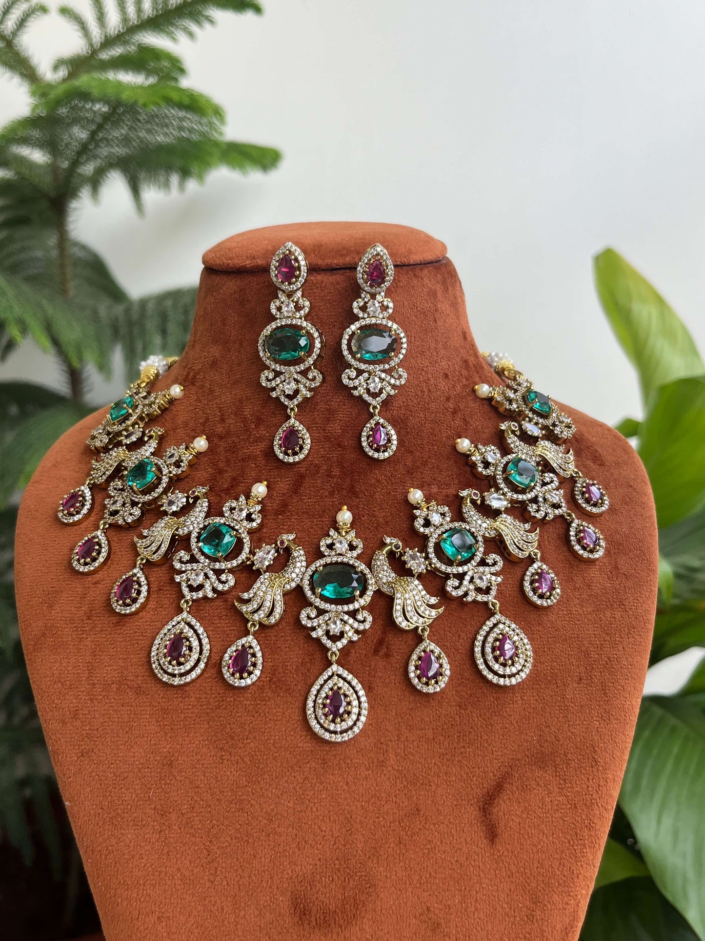 Victorian Peacock Necklace Set with Ocean Blue & Ruby Stones | Premium Plated Bridal & Semi Bridal Jewelry