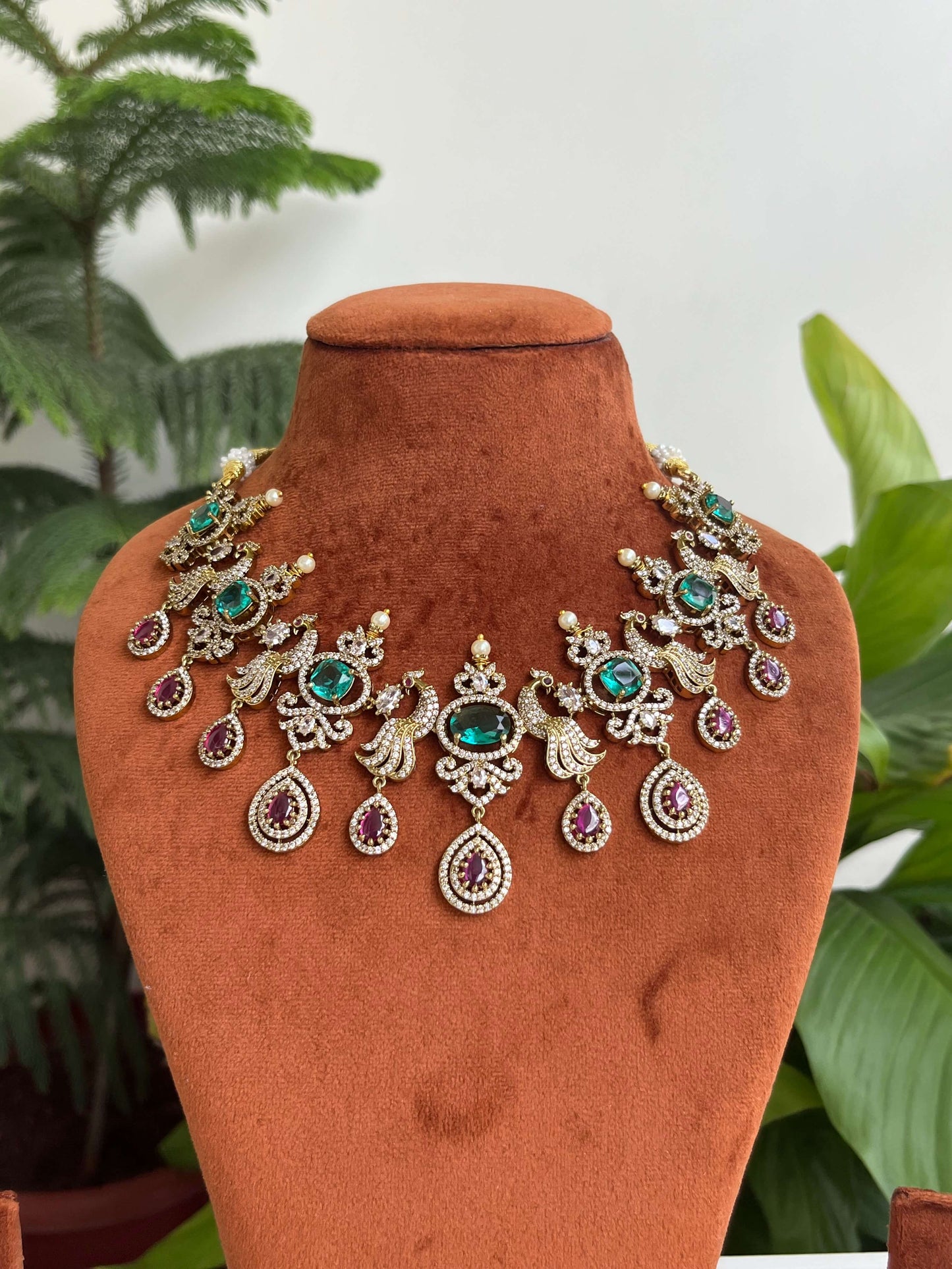 Victorian Peacock Necklace Set with Ocean Blue & Ruby Stones | Premium Plated Bridal & Semi Bridal Jewelry