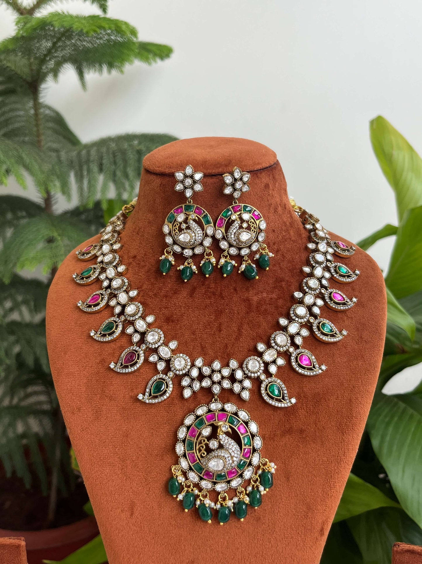 Jadau Kundan Peacock Necklace Set with Green & Ruby Accents | Traditional Bridal Jewelry