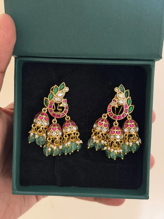 Peacock Triple Jhumka Earrings
