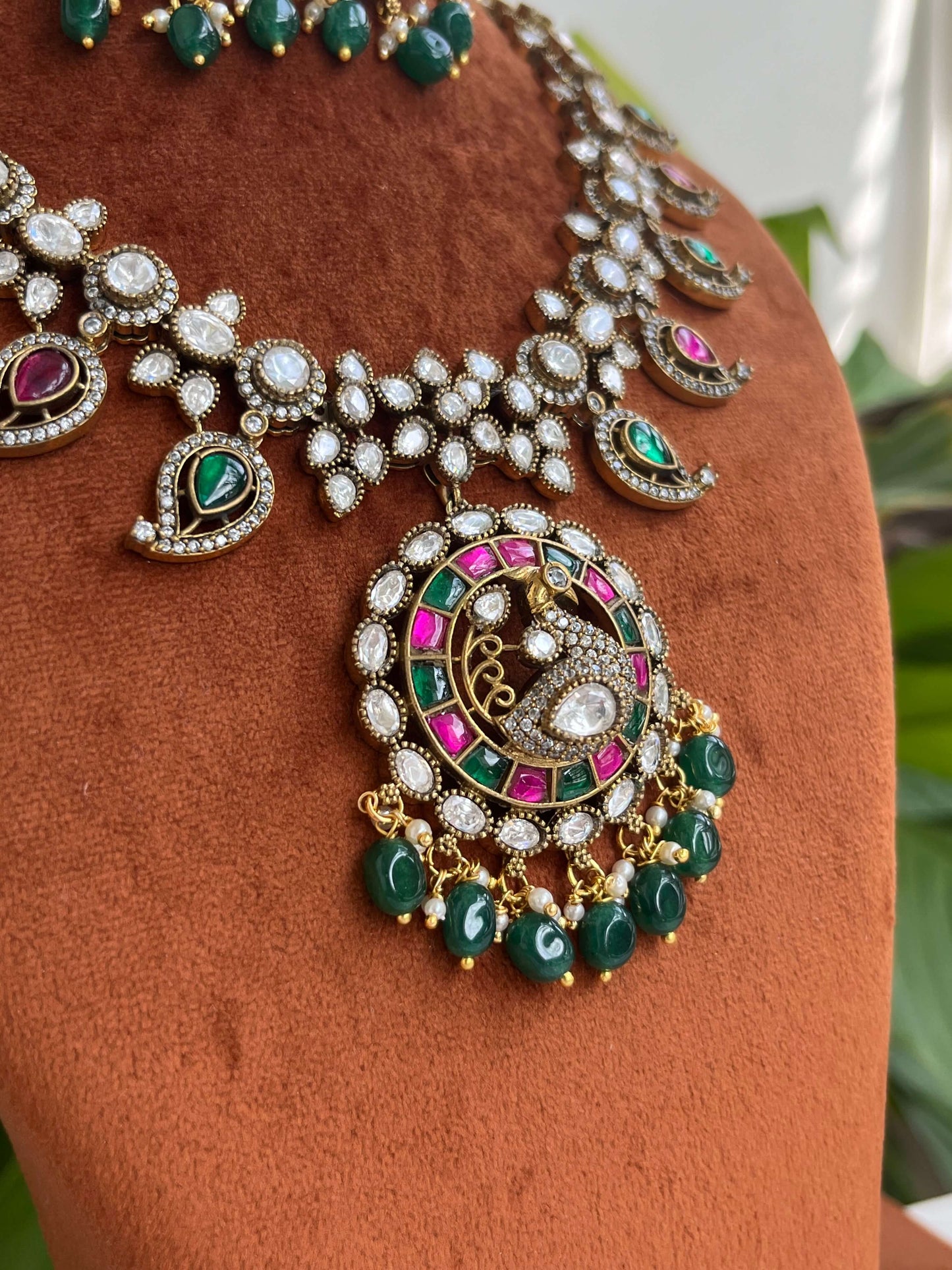 Jadau Kundan Peacock Necklace Set with Green & Ruby Accents | Traditional Bridal Jewelry