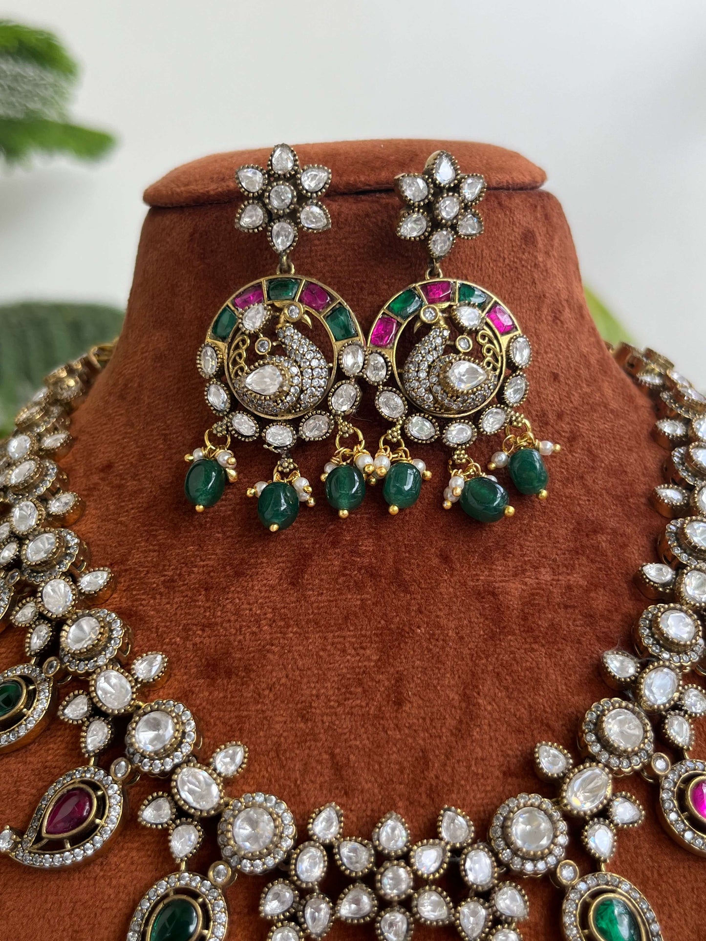 Jadau Kundan Peacock Necklace Set with Green & Ruby Accents | Traditional Bridal Jewelry