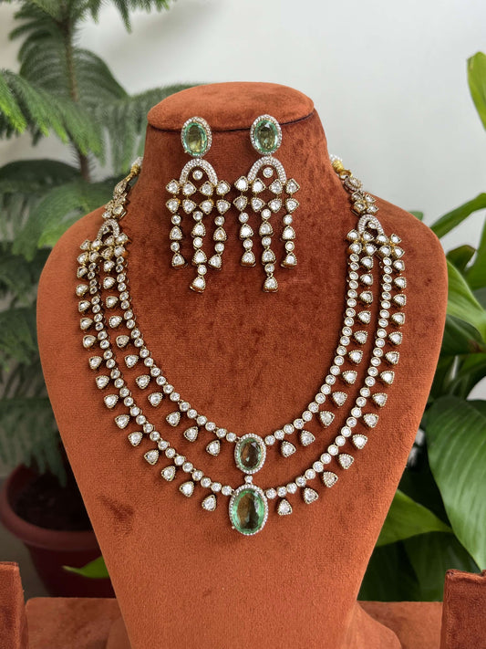Moissanite Polki Kundan Double Layer Necklace Set with Green Stones | Bridal Jewelry