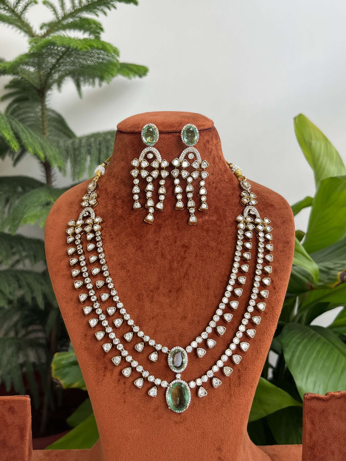 Moissanite Polki Kundan Double Layer Necklace Set with Green Stones | Bridal Jewelry