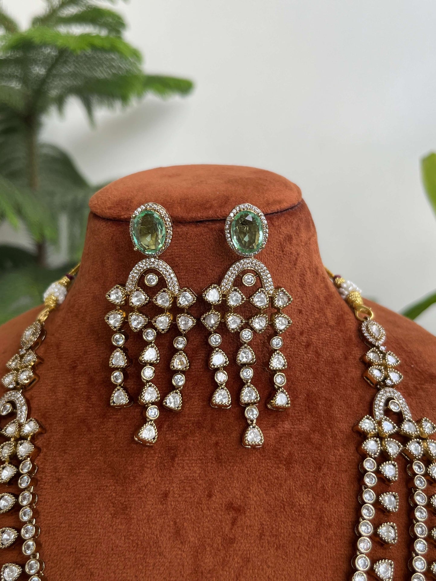 Moissanite Polki Kundan Double Layer Necklace Set with Green Stones | Bridal Jewelry