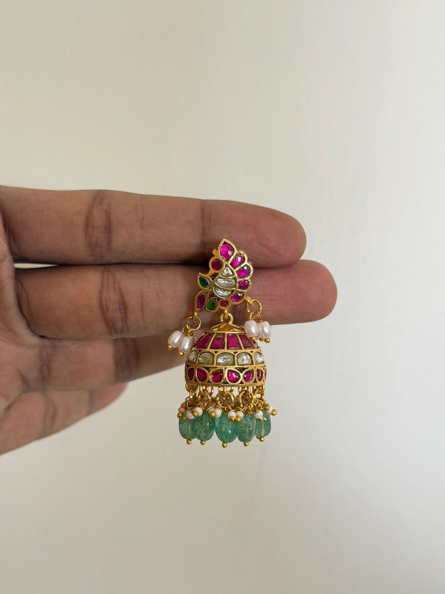 Petite Jadau Kundan Jhumka Earrings with Green Bead Drops