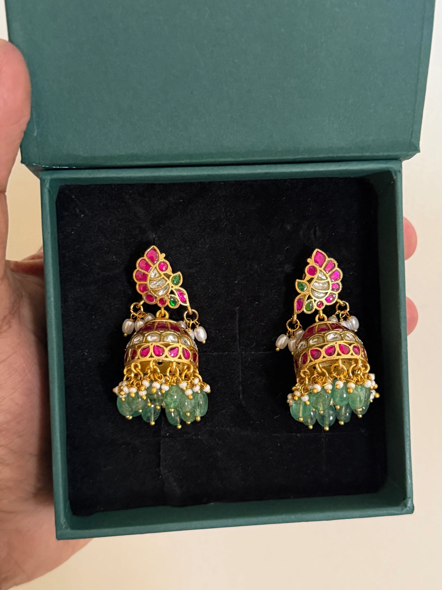 Petite Jadau Kundan Jhumka Earrings with Green Bead Drops