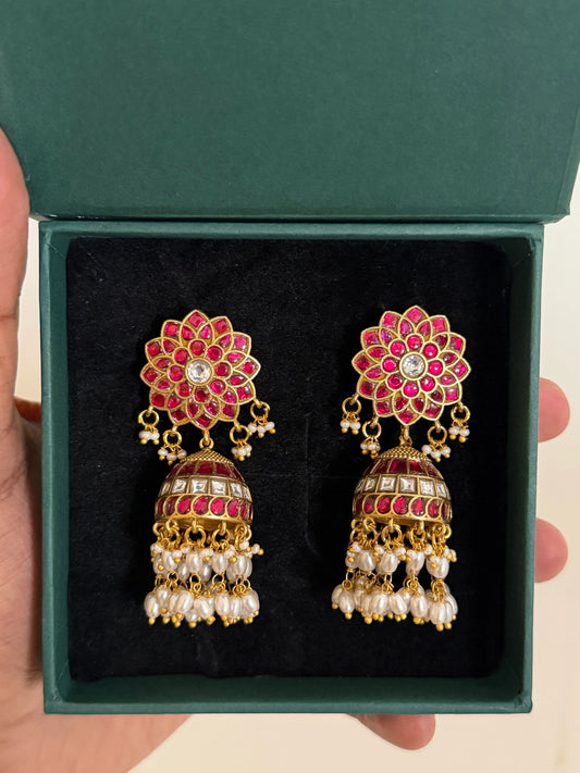 Jadau Kundan Jhumka Earrings with Pearl Drops