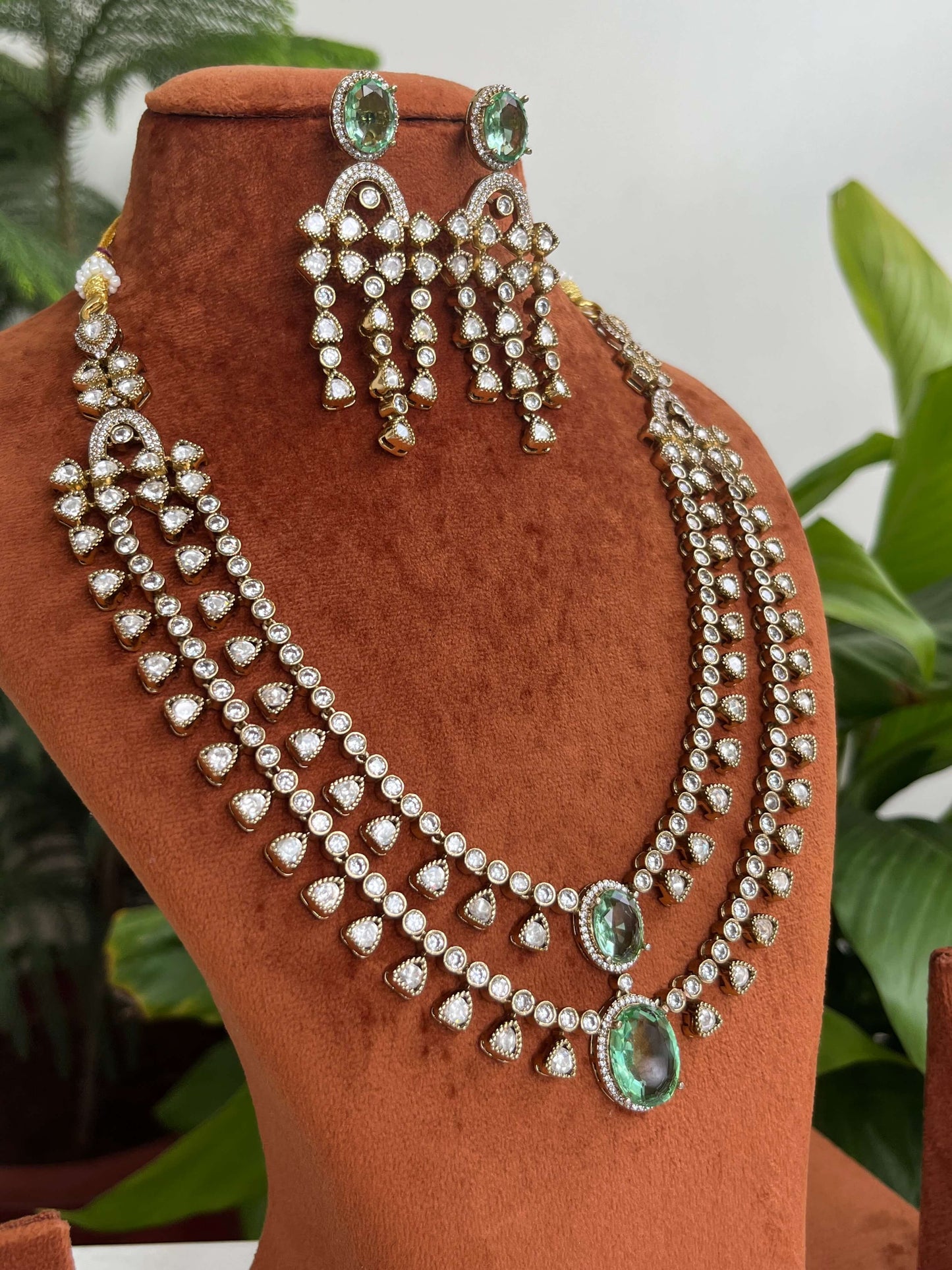 Moissanite Polki Kundan Double Layer Necklace Set with Green Stones | Bridal Jewelry