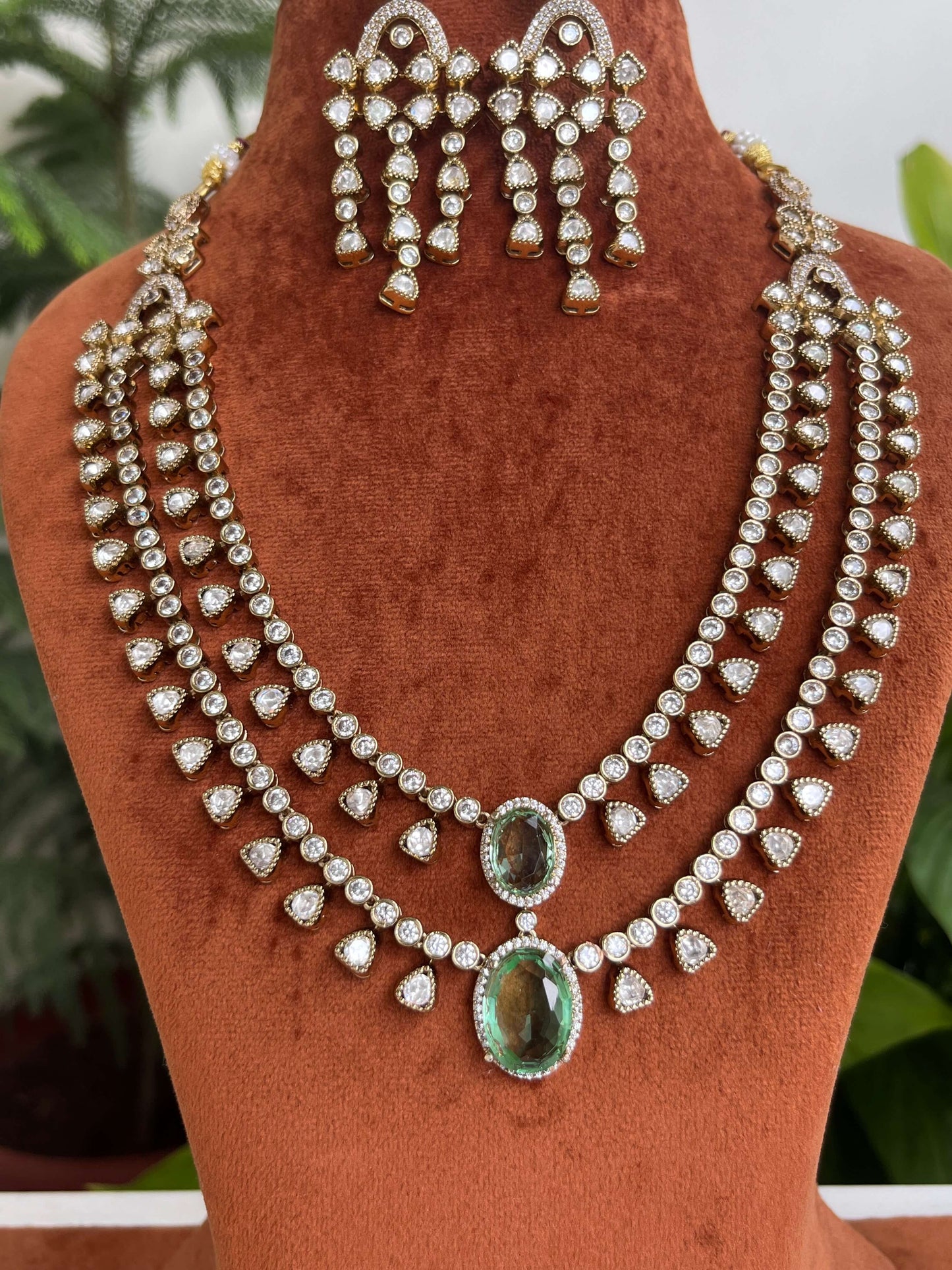 Moissanite Polki Kundan Double Layer Necklace Set with Green Stones | Bridal Jewelry