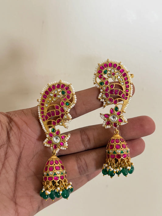 Jadau Kundan Earcuff Jhumka Earrings with Green Drops