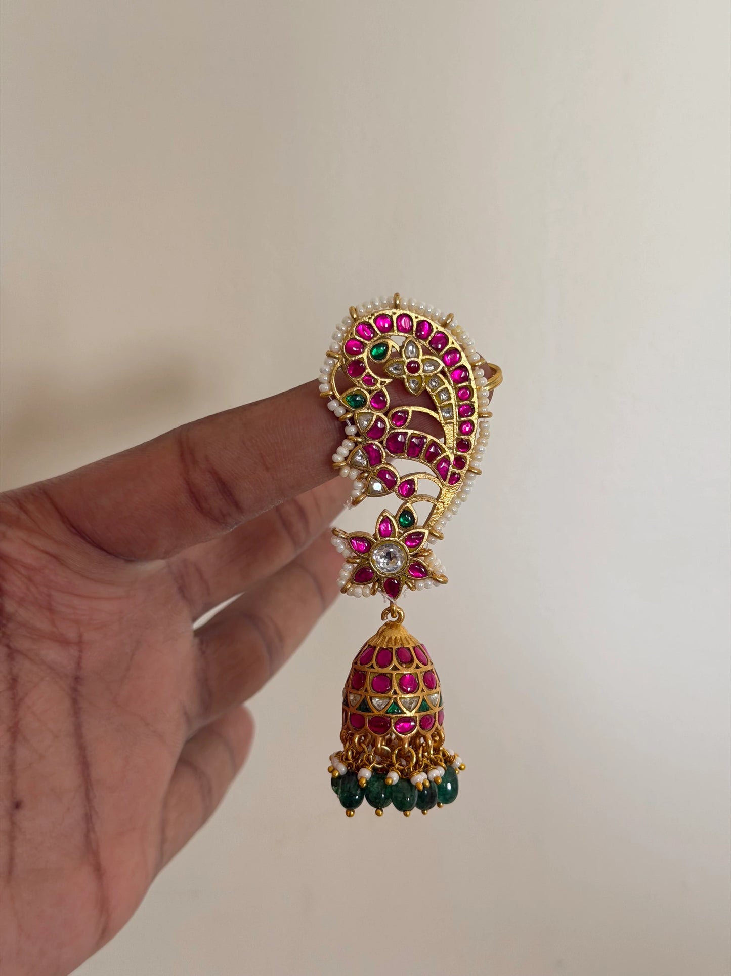 Jadau Kundan Earcuff Jhumka Earrings with Green Drops