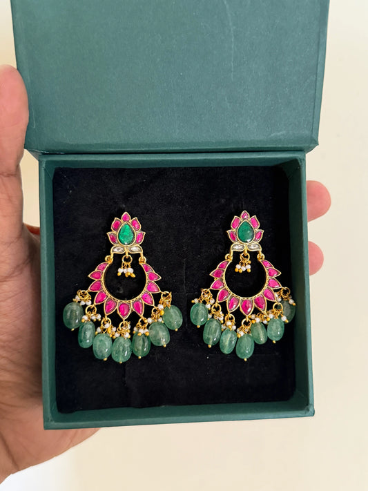Pink Jadau Kundan Chandbali Earrings