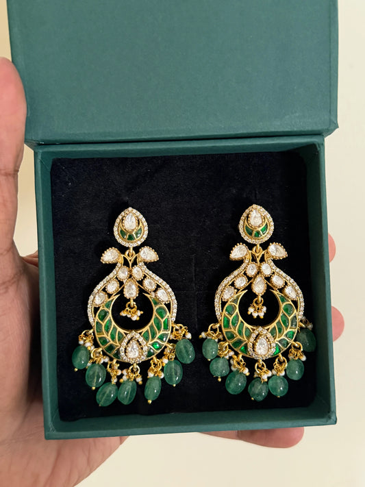 Antique Green Jadau Kundan Chaandbali Earrings