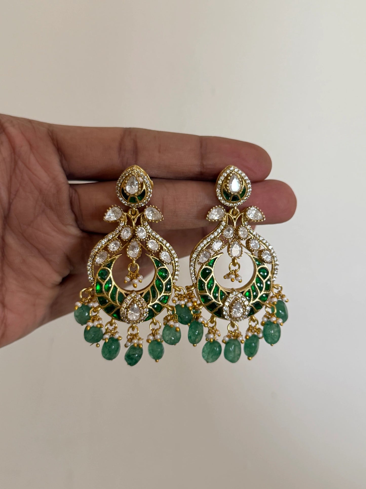 Antique Green Jadau Kundan Chaandbali Earrings