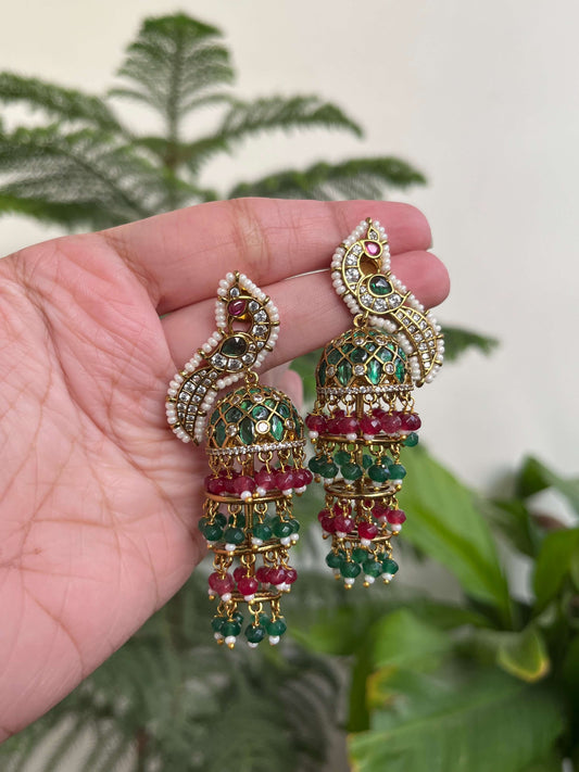 Traditional Kemp Peacock Earrings with Ruby & Emerald Beads