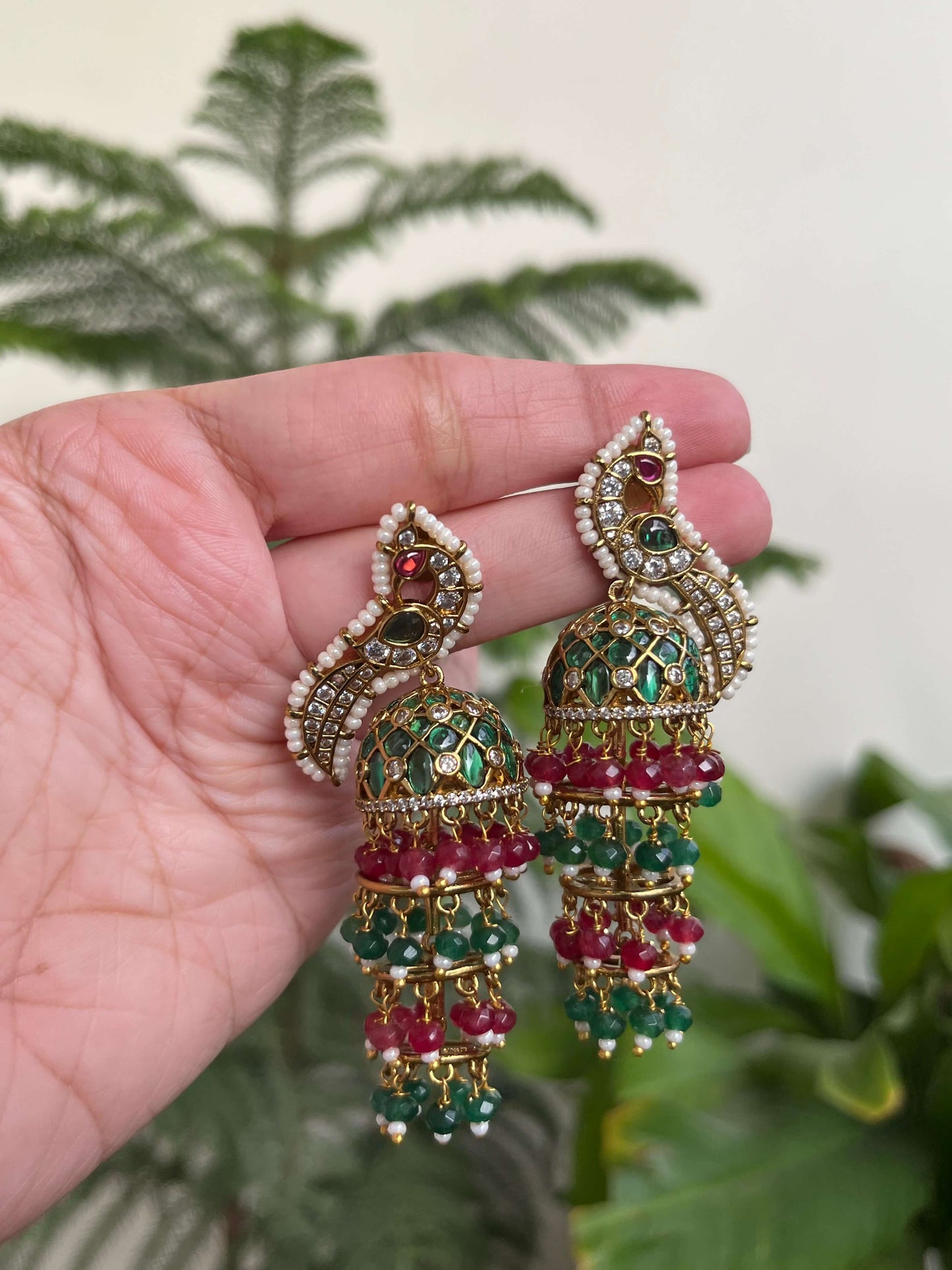 Traditional Kemp Peacock Earrings with Ruby & Emerald Beads