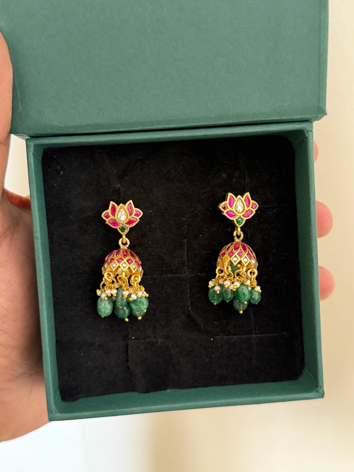 Mini Drop Jadau Kunda Jhumka Earrings with Green Beads