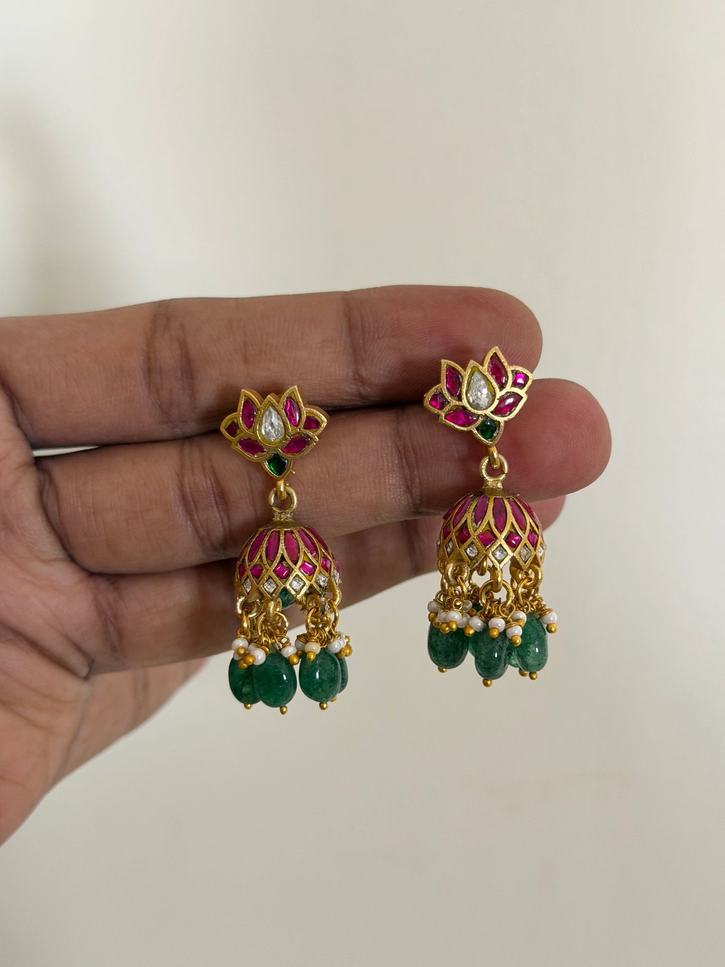 Mini Drop Jadau Kunda Jhumka Earrings with Green Beads