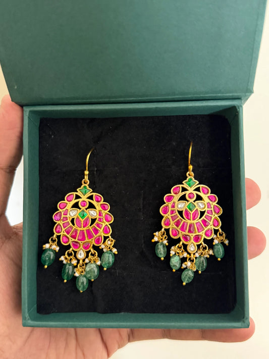 Jadau Kundan Floral Dangler Earrings with Green Drops