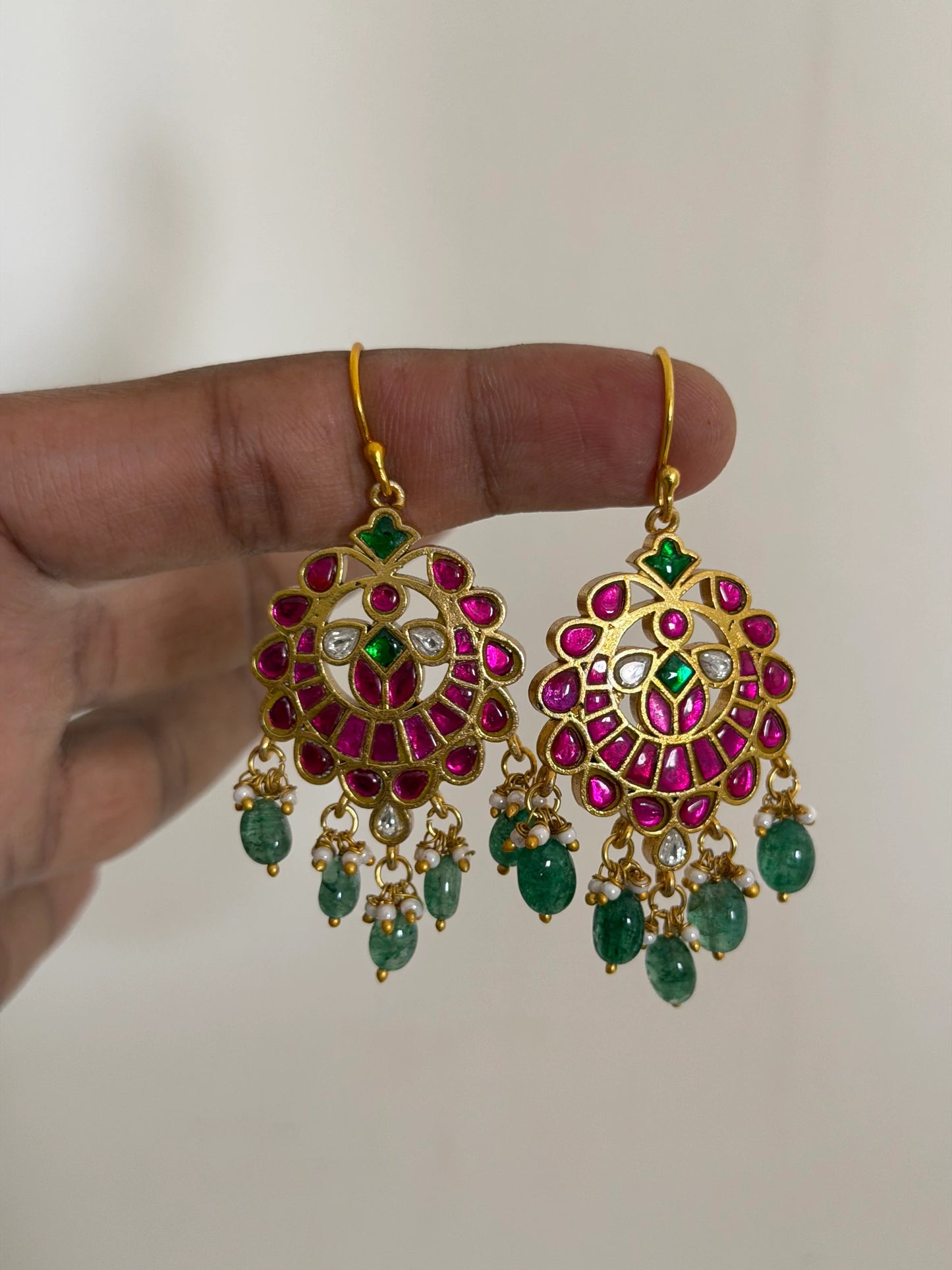 Jadau Kundan Floral Dangler Earrings with Green Drops