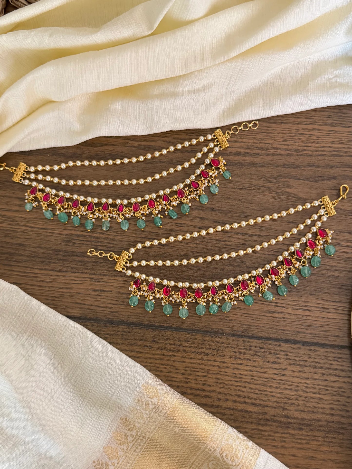 Jadau Kundan Pearl Bead Ear chains