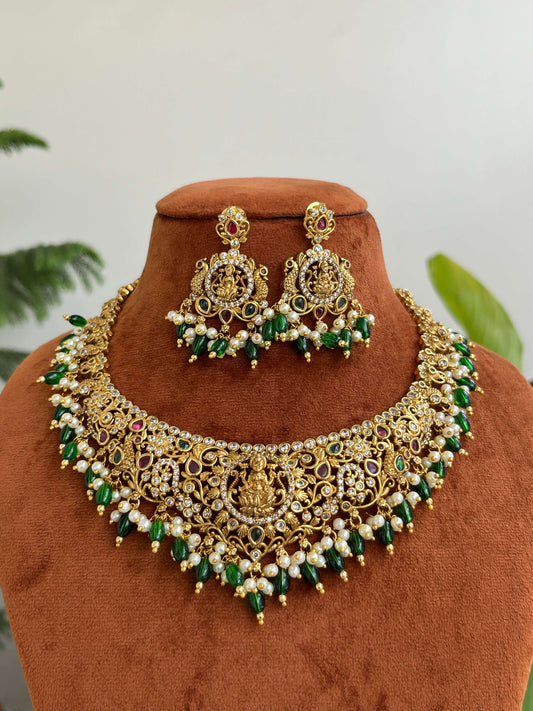 Semi-Bridal Temple Short Necklace with Lakshmi Motif, Kundan Stones & Green Beads