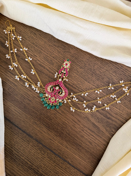 Jadau Kundan Hair accessory with pearl chain & green drops