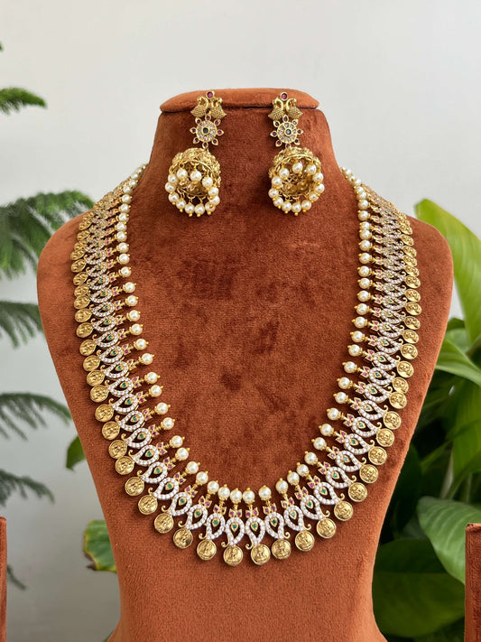 Nakshi Polish Mango Leaf Lakshmi Devi Coin Haram cum Vaddanam with Pearls & Jhumkas