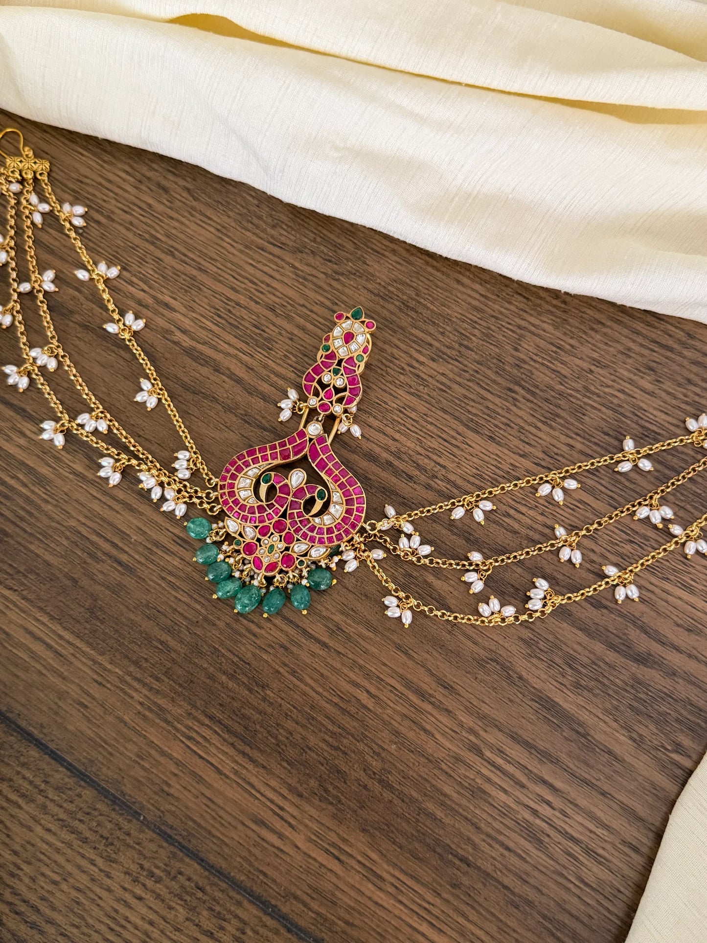 Jadau Kundan Hair accessory with pearl chain & green drops