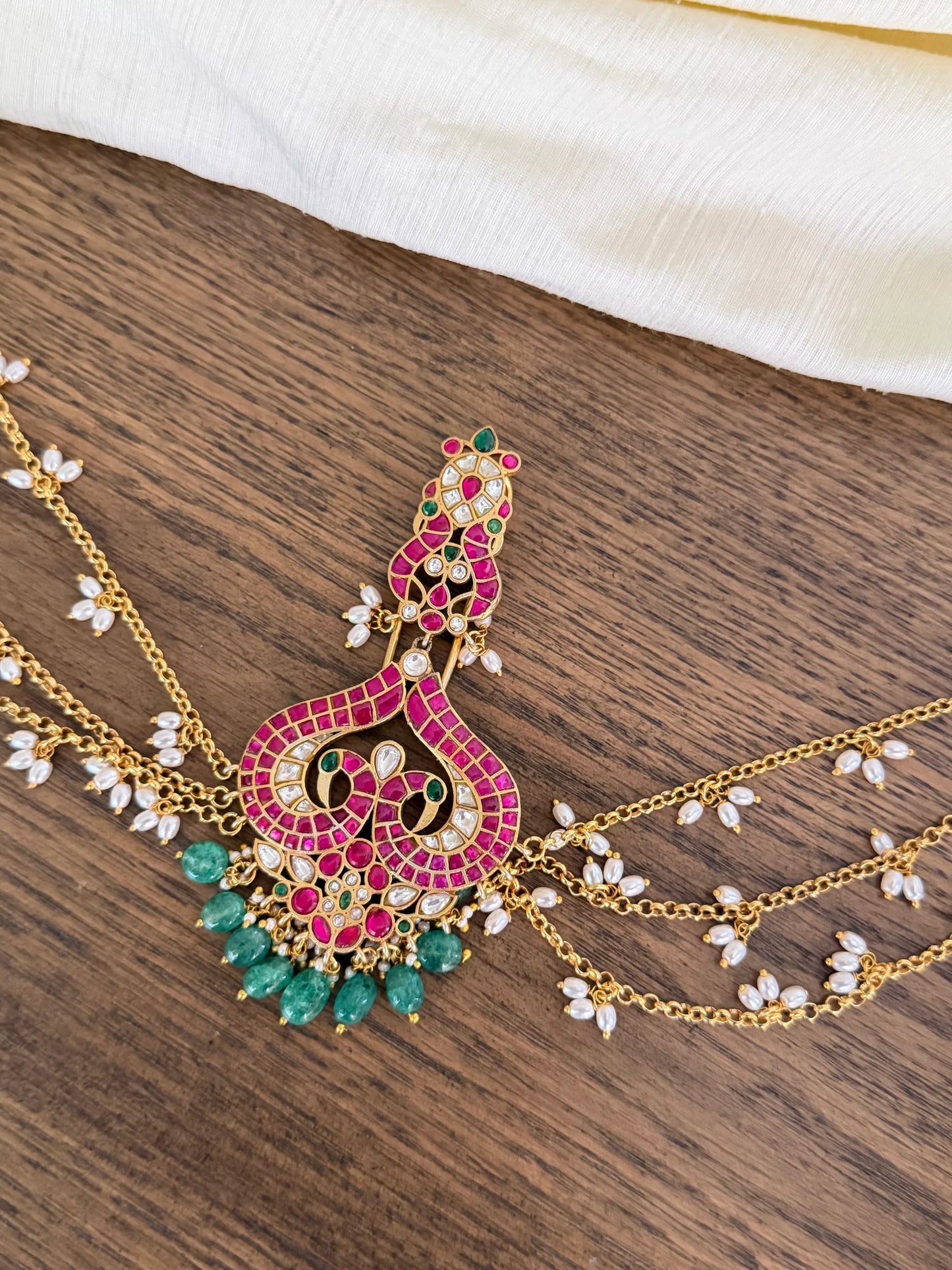 Jadau Kundan Hair accessory with pearl chain & green drops
