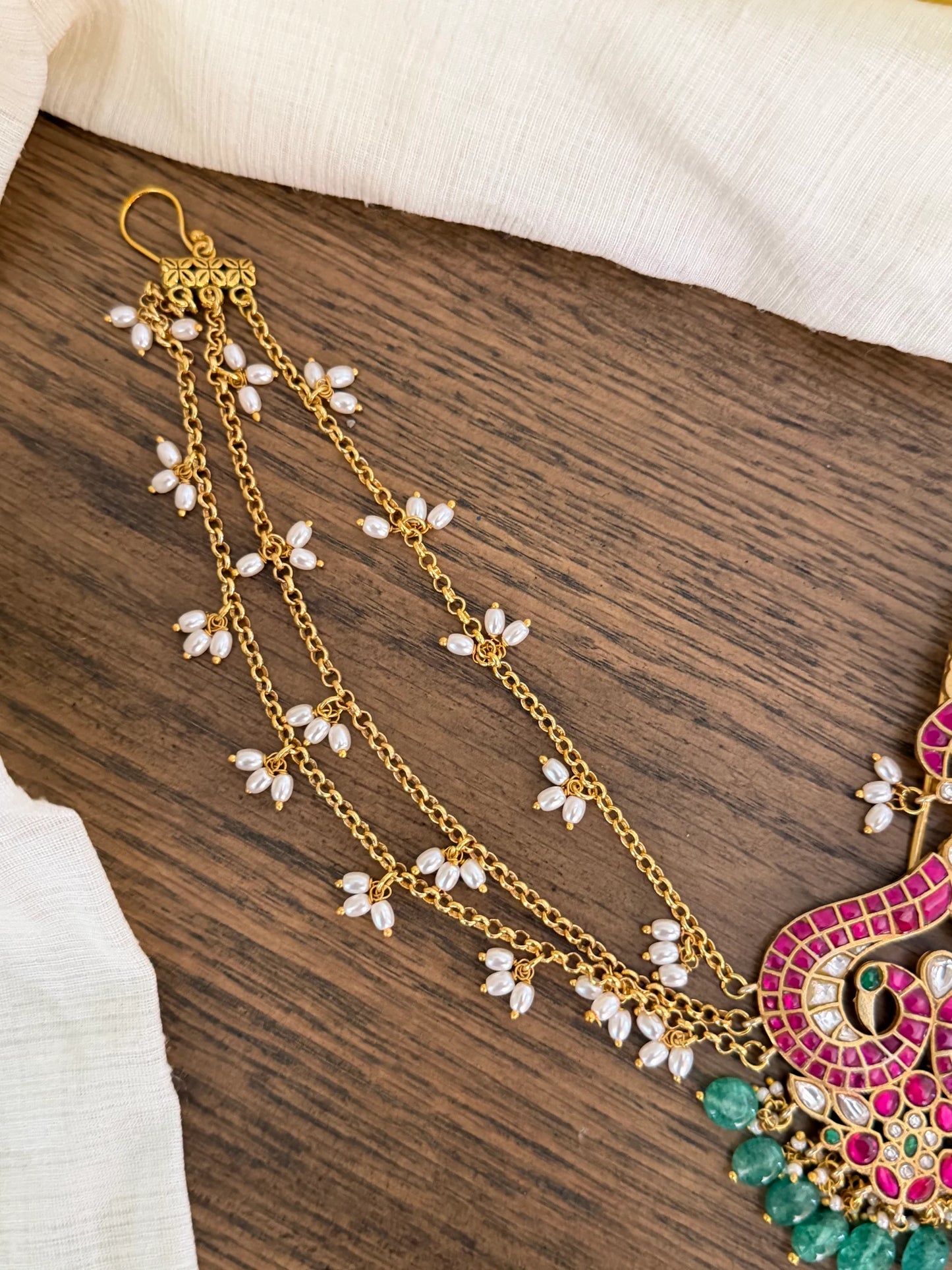 Jadau Kundan Hair accessory with pearl chain & green drops